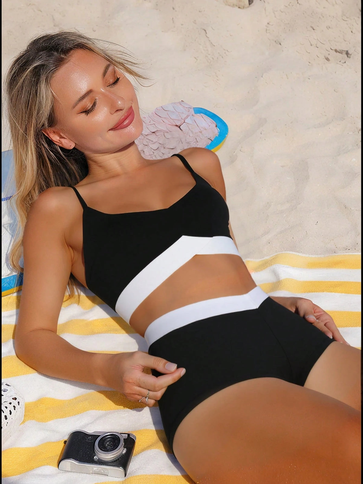 Swim SPRTY Women's Solid Color Contrast Bikini Swimwear Set, Beach Holiday Swimming Beachwear Retro