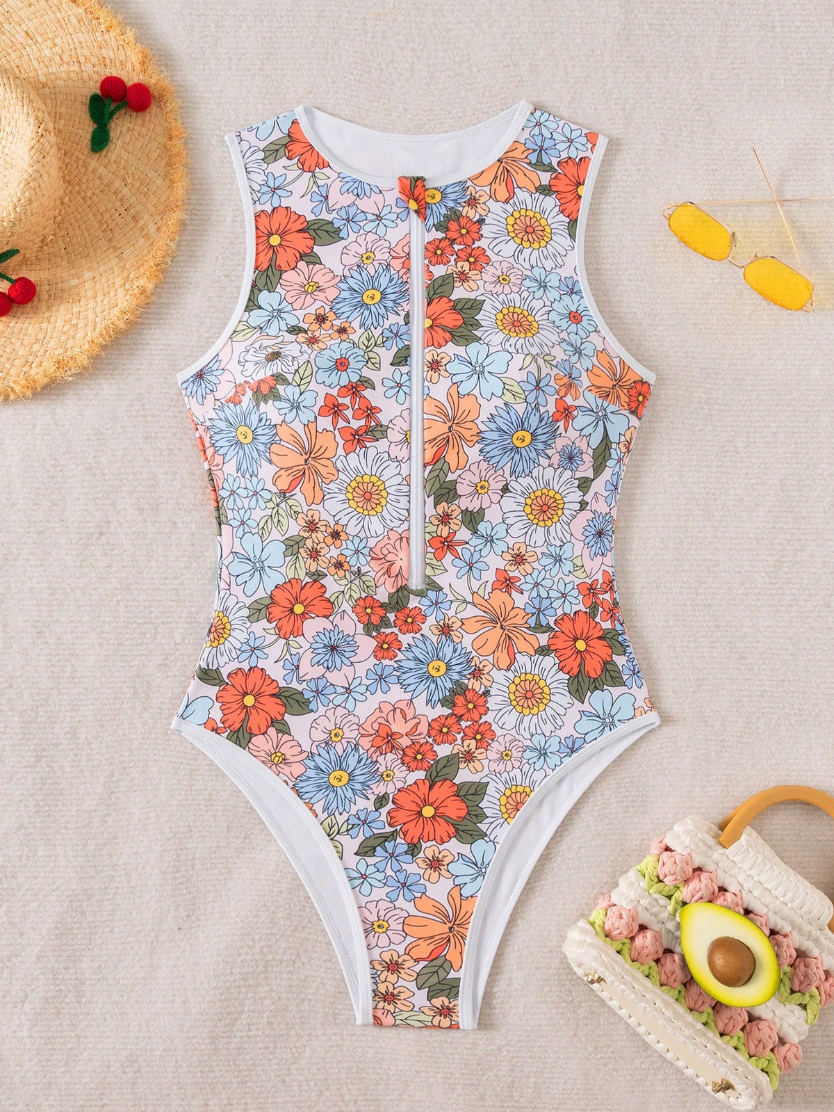 Swim SPRTY Women's Spring/Summer Floral Print Beach/Surf Jumpsuit, Decorated With Graphic Designs, Round Neck Zipper Sports Sleeveless Outfit