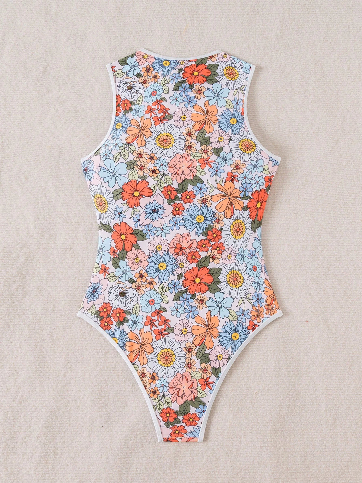 Swim SPRTY Women's Spring/Summer Floral Print Beach/Surf Jumpsuit, Decorated With Graphic Designs, Round Neck Zipper Sports Sleeveless Outfit
