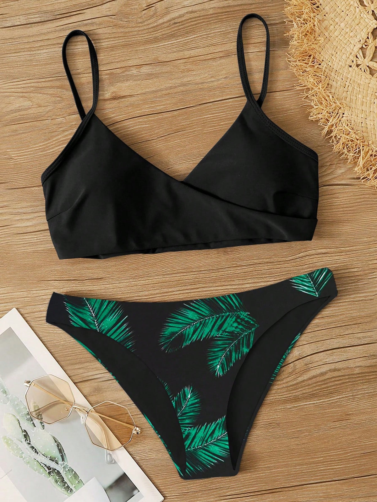Swim Summer Beach Palm Random Print Adjustable Strap Bikini