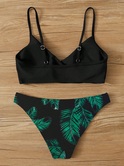 Swim Summer Beach Palm Random Print Adjustable Strap Bikini