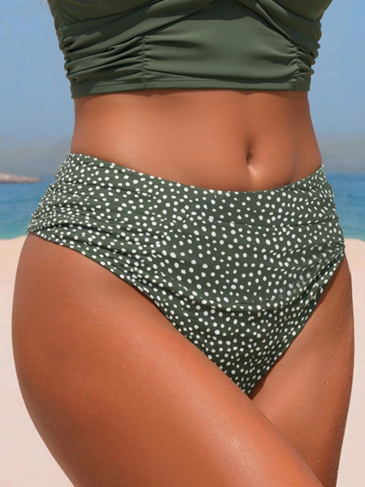 Swim Summer Beach Solid Color Steel-Free V-Neck Top With Polka Dot Print Triangle Bikini Bottom, Separates Bikini Set