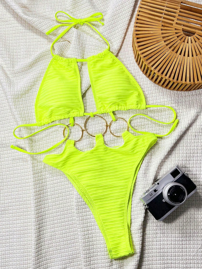 Swim SXY 1pc Women's One-Piece Swimsuit, Textured Fabric, Solid Color, Beach Holiday Halter Neck With Underwire For Summer Beach Vacation
