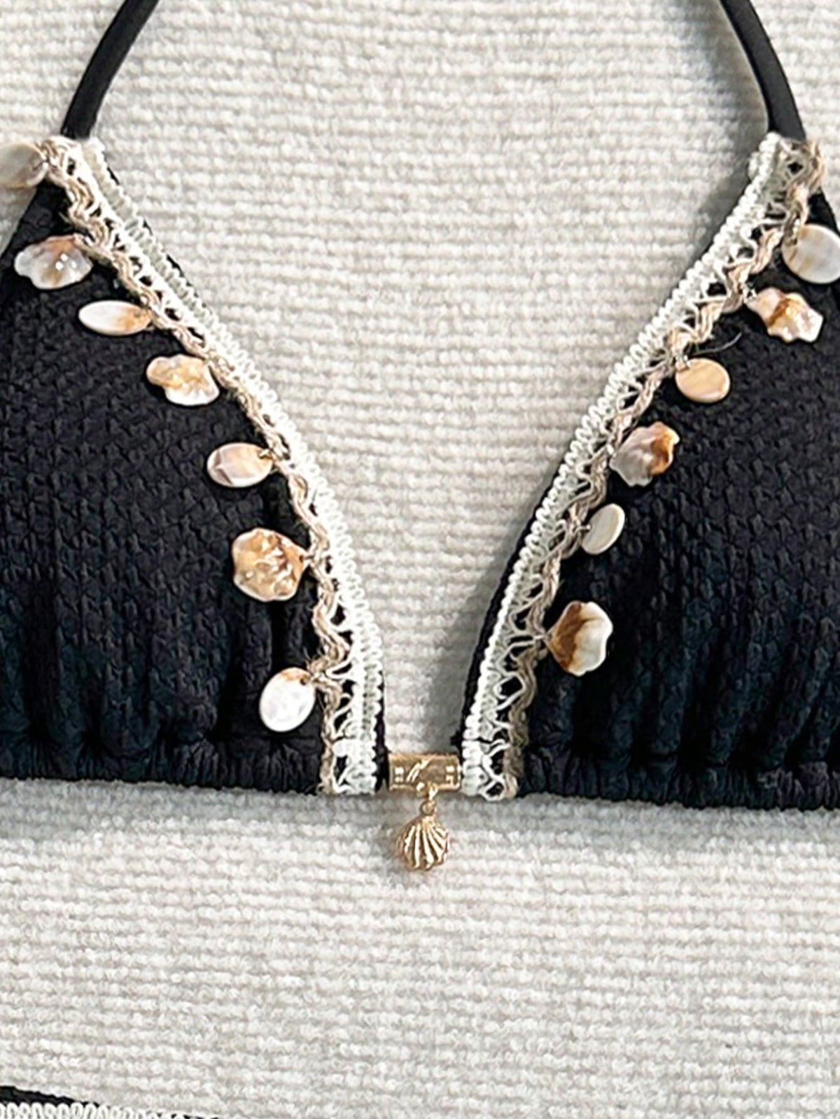 Swim SXY 3pcs Knitted Jacquard Fabric Halter Neck Tie Metal Pendant Bikini Cover-Up And Mini Skirt Set