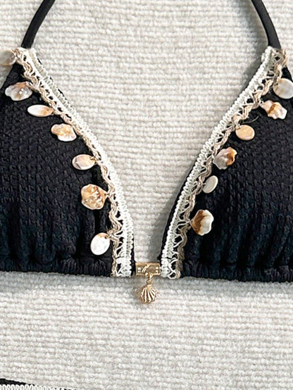 Swim SXY 3pcs Knitted Jacquard Fabric Halter Neck Tie Metal Pendant Bikini Cover-Up And Mini Skirt Set
