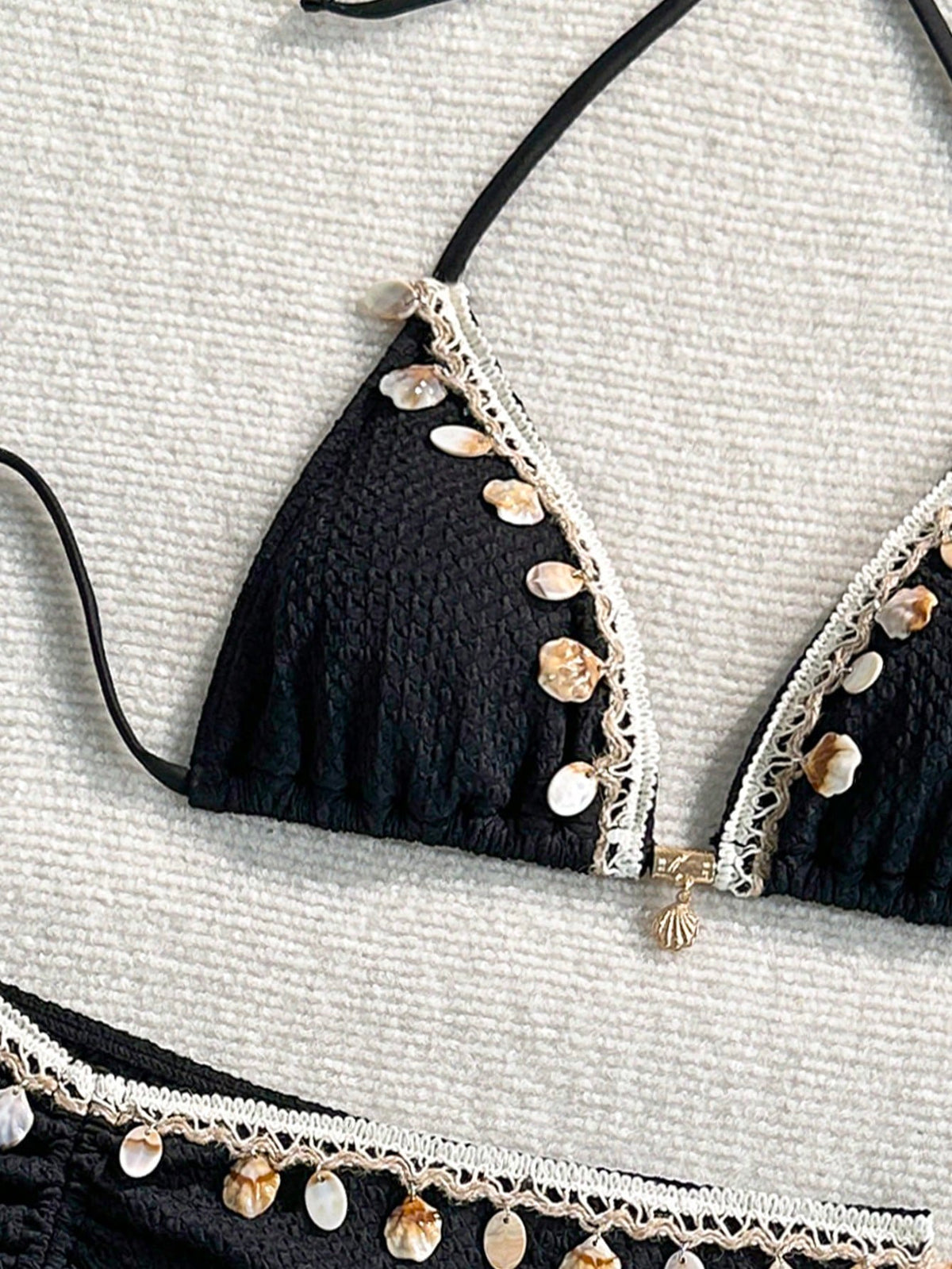 Swim SXY 3pcs Knitted Jacquard Fabric Halter Neck Tie Metal Pendant Bikini Cover-Up And Mini Skirt Set