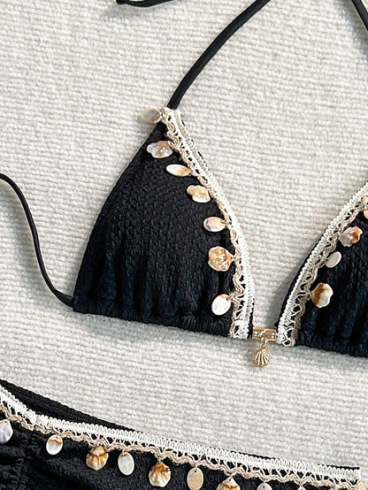 Swim SXY 3pcs Knitted Jacquard Fabric Halter Neck Tie Metal Pendant Bikini Cover-Up And Mini Skirt Set