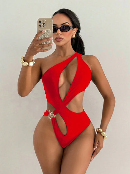 Swim SXY New Summer Solid Color Sexy Hollow Front Criss-Cross Special Craft Vacation Casual Beach Women One-Piece Swimsuit