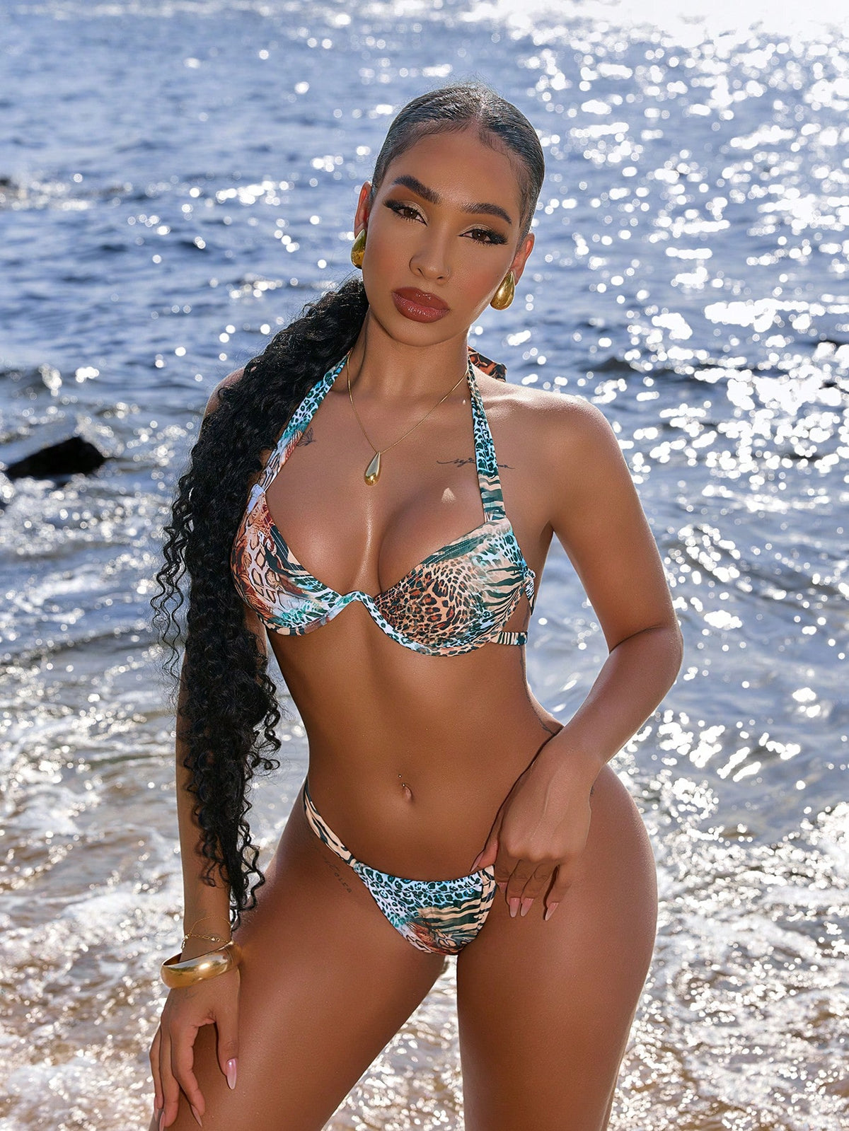 Swim SXY Summer Beach Leopard Print Halter Underwire Bikini Top & Thong Bottoms Two-Piece Set