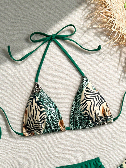 Swim SXY Women's 2026 Spring/Summer New Sexy Leopard Print Triangle Cup Tie Bikini Swimsuit 3-Piece Set With Triangle Bottom And Bikini Briefs