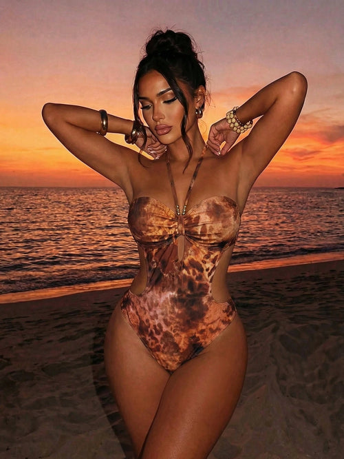 Swim SXY Women's Brown One Piece Swimsuit,Leopard Tie Dye Beaded Halter Cutout Slim Fit Beach Summer Casual Holiday Vacation,Y2k Retro Resort Wear