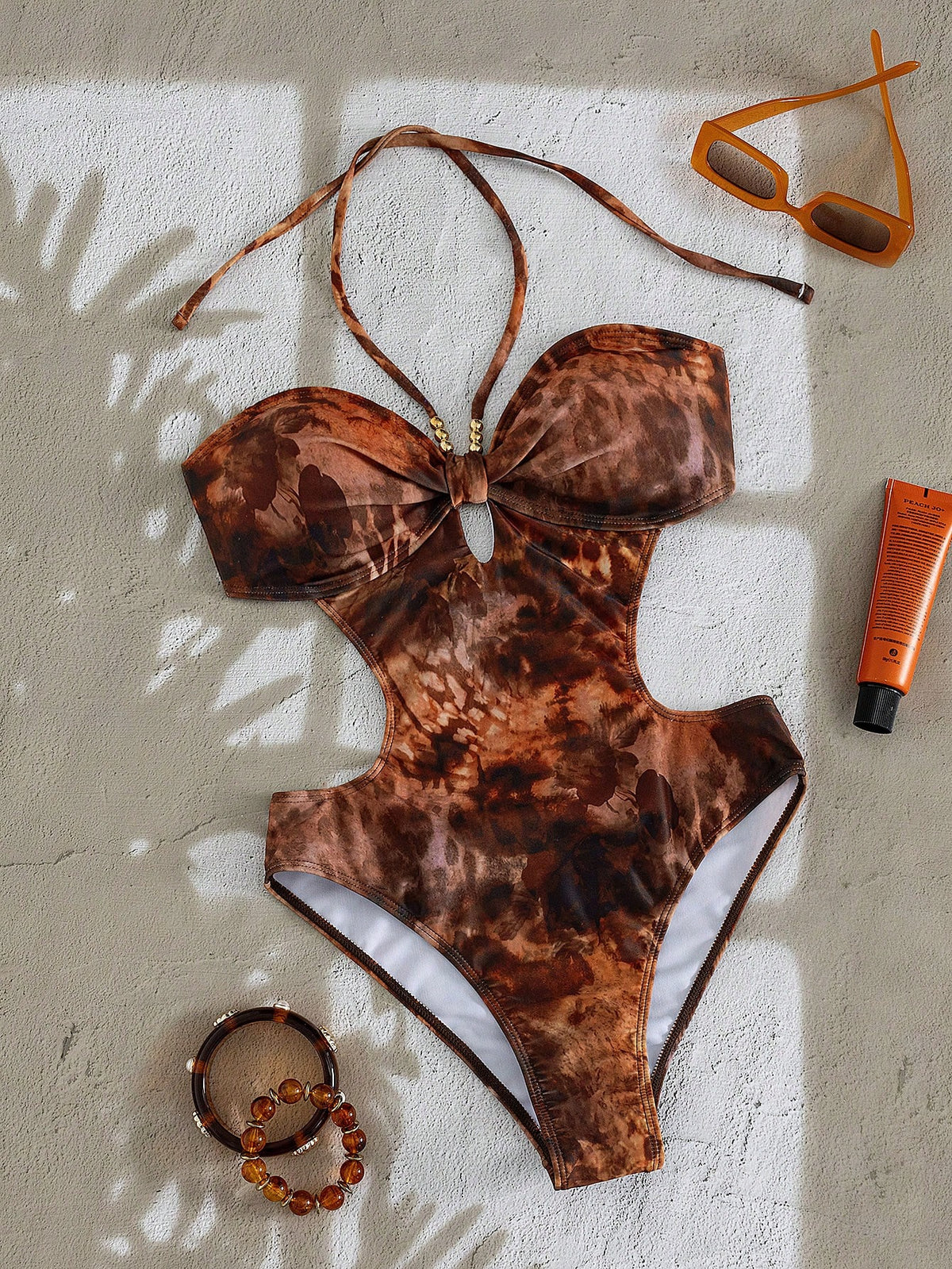 Swim SXY Women's Brown One Piece Swimsuit,Leopard Tie Dye Beaded Halter Cutout Slim Fit Beach Summer Casual Holiday Vacation,Y2k Retro Resort Wear