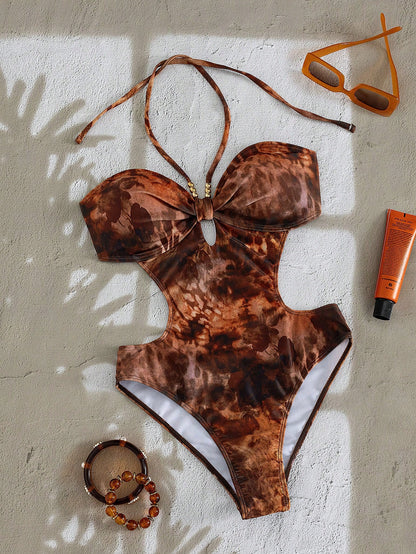 Swim SXY Women's Brown One Piece Swimsuit,Leopard Tie Dye Beaded Halter Cutout Slim Fit Beach Summer Casual Holiday Vacation,Y2k Retro Resort Wear