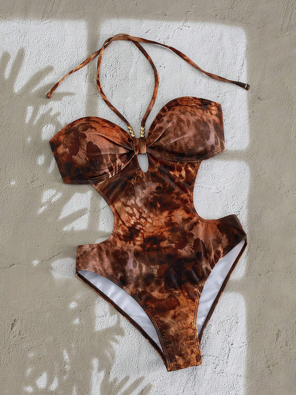 Swim SXY Women's Brown One Piece Swimsuit,Leopard Tie Dye Beaded Halter Cutout Slim Fit Beach Summer Casual Holiday Vacation,Y2k Retro Resort Wear