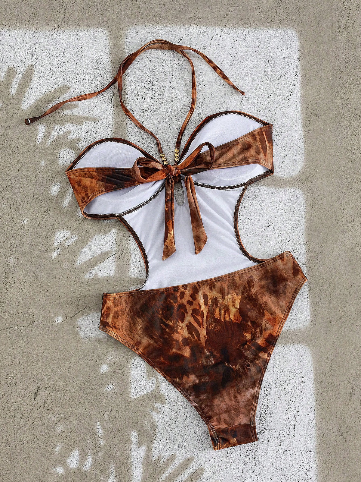 Swim SXY Women's Brown One Piece Swimsuit,Leopard Tie Dye Beaded Halter Cutout Slim Fit Beach Summer Casual Holiday Vacation,Y2k Retro Resort Wear