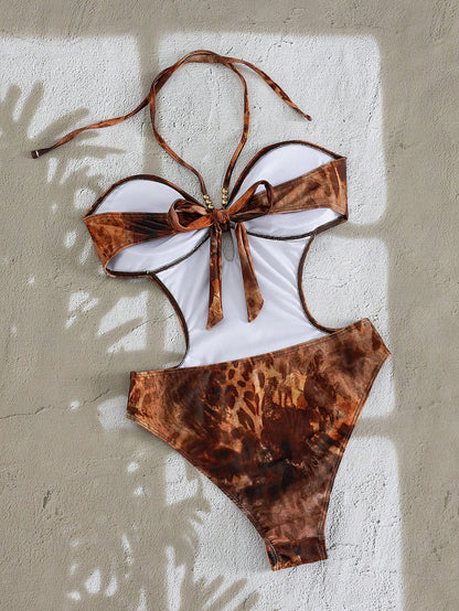 Swim SXY Women's Brown One Piece Swimsuit,Leopard Tie Dye Beaded Halter Cutout Slim Fit Beach Summer Casual Holiday Vacation,Y2k Retro Resort Wear