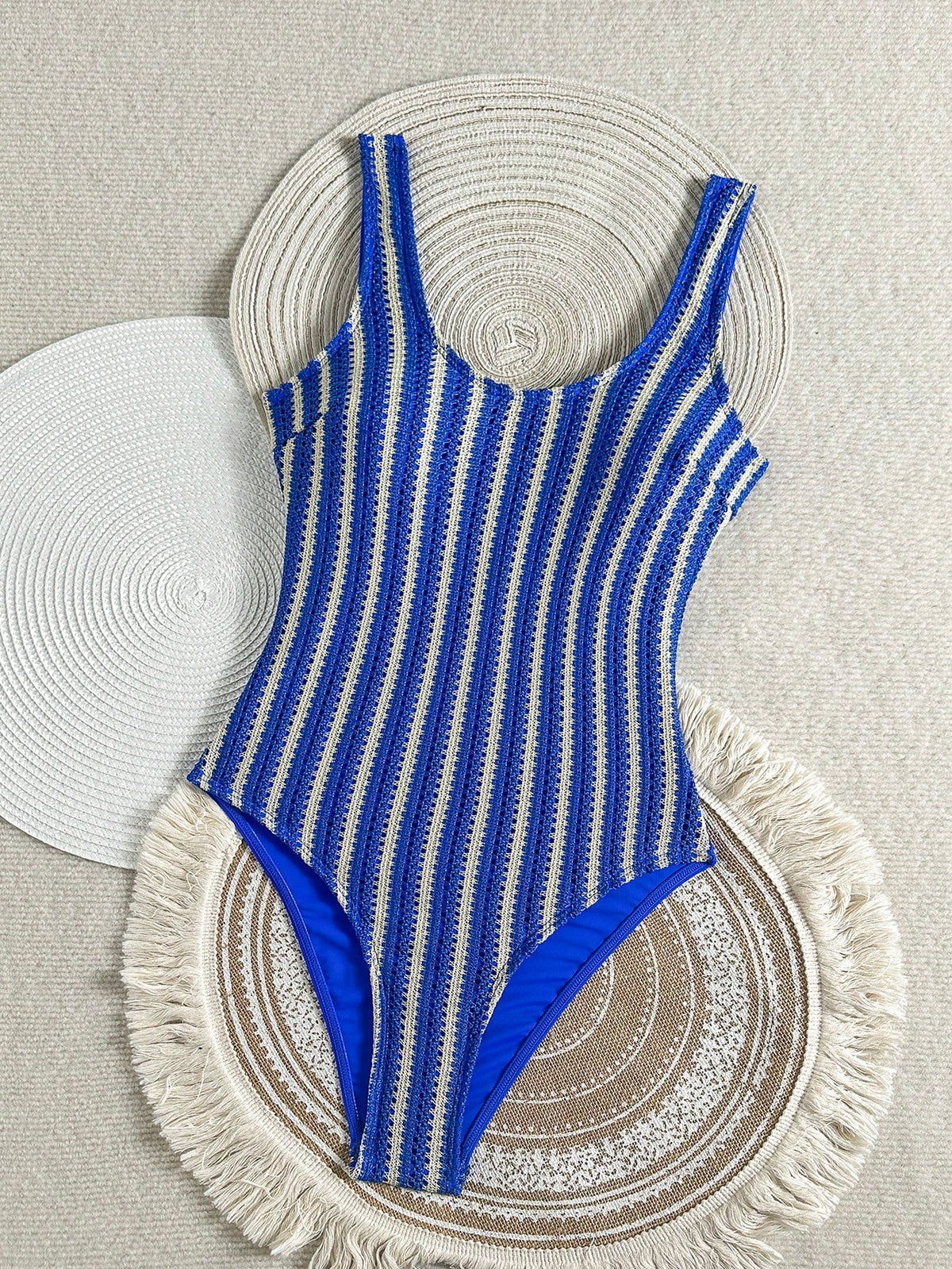 Swim SXY Women's One-Piece Blue Striped Mesh Fabric Double Shoulder Strap One-Piece Swimsuit Island Beach Casual Vacation Women's One-Piece