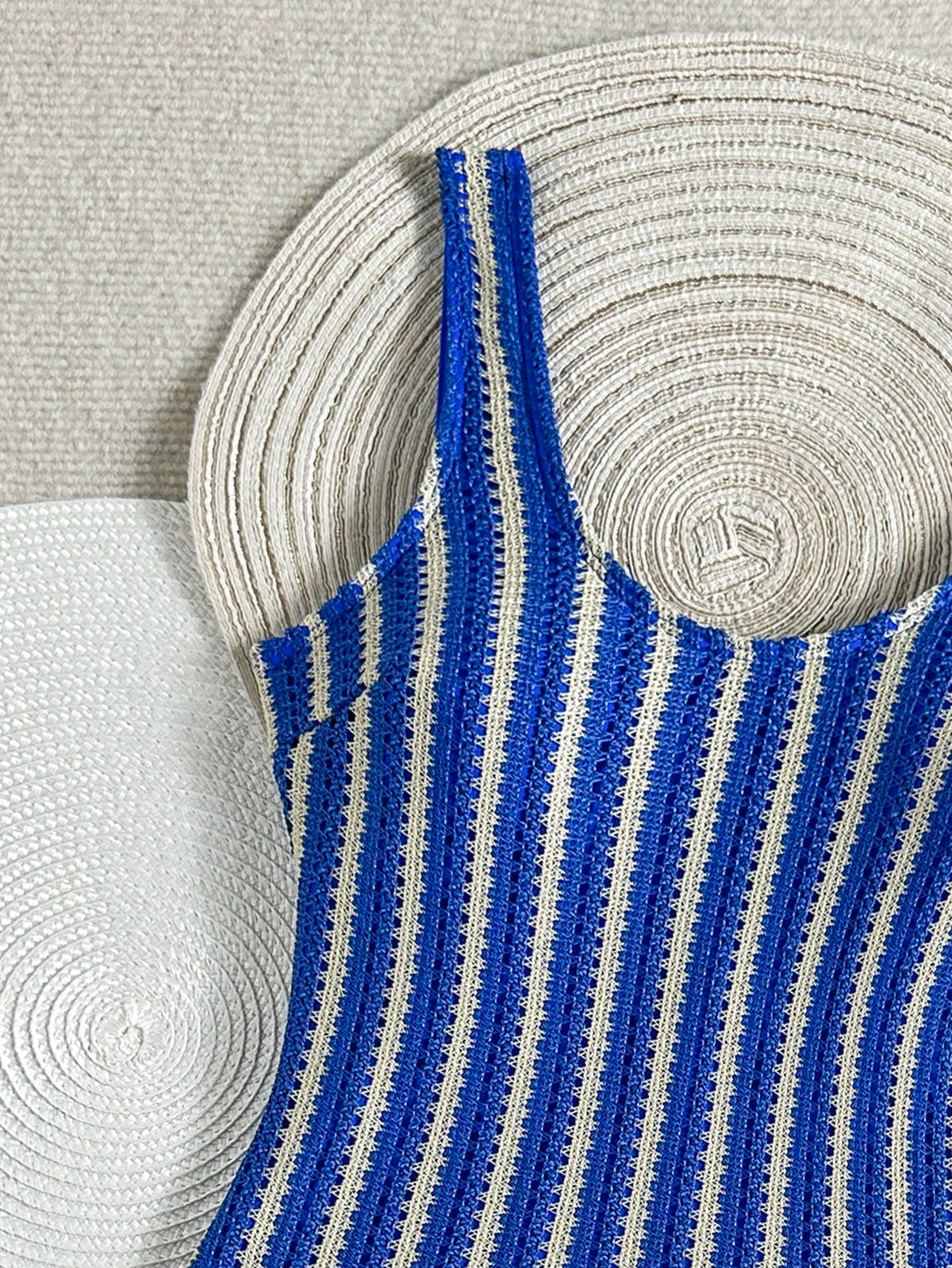 Swim SXY Women's One-Piece Blue Striped Mesh Fabric Double Shoulder Strap One-Piece Swimsuit Island Beach Casual Vacation Women's One-Piece
