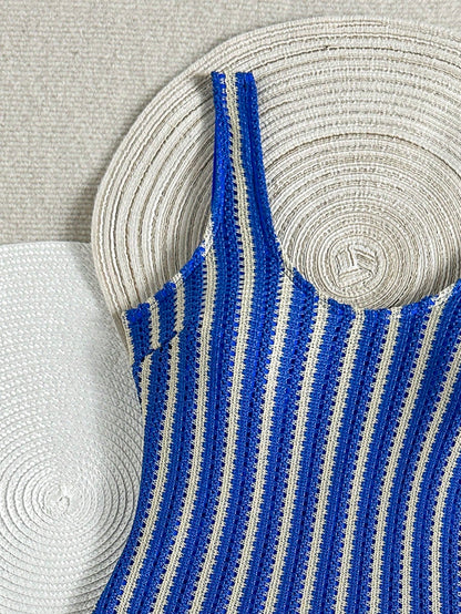 Swim SXY Women's One-Piece Blue Striped Mesh Fabric Double Shoulder Strap One-Piece Swimsuit Island Beach Casual Vacation Women's One-Piece