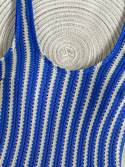 Swim SXY Women's One-Piece Blue Striped Mesh Fabric Double Shoulder Strap One-Piece Swimsuit Island Beach Casual Vacation Women's One-Piece