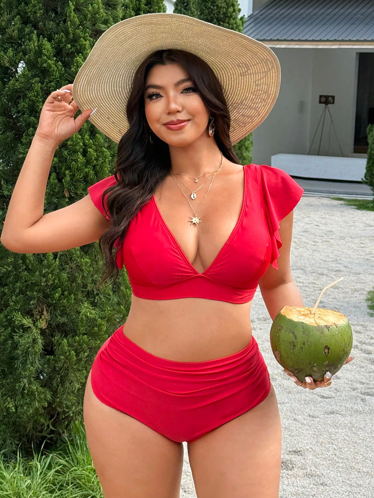 Swim Vcay 2026 Spring & Summer Plus Size Women's New Year Red Deep V-Neck Ruffled Sexy Top Paired With Regular Triangle Bottoms, Beach & Pool Party Swimwear Set