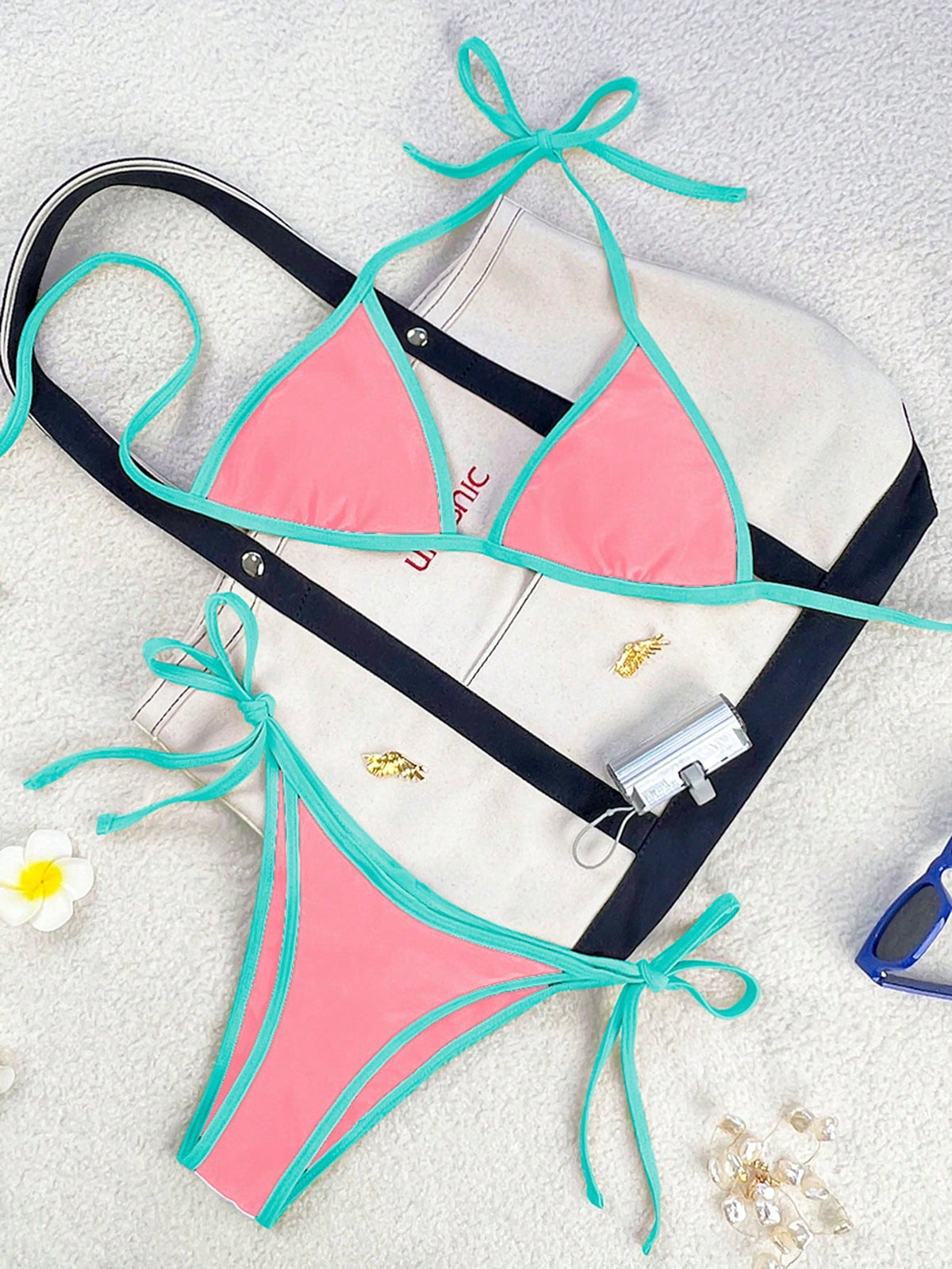 Swim Vcay 2026 Spring/Summer Women's Swimsuit With Spaghetti Straps, Coral Pink & Lake Green Color Block, Sexy Knotted Side Tie Bikini Set