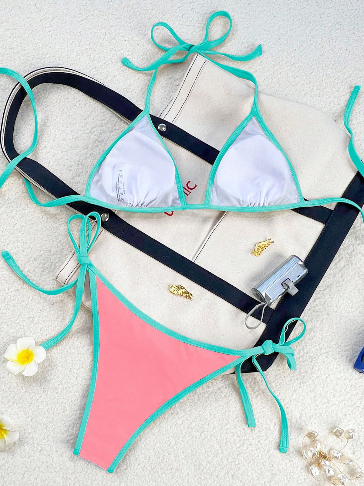 Swim Vcay 2026 Spring/Summer Women's Swimsuit With Spaghetti Straps, Coral Pink & Lake Green Color Block, Sexy Knotted Side Tie Bikini Set