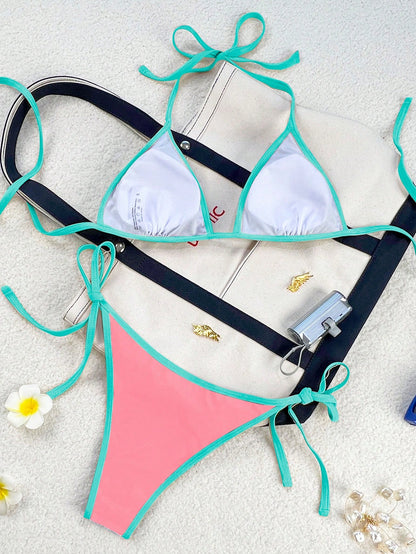 Swim Vcay 2026 Spring/Summer Women's Swimsuit With Spaghetti Straps, Coral Pink & Lake Green Color Block, Sexy Knotted Side Tie Bikini Set
