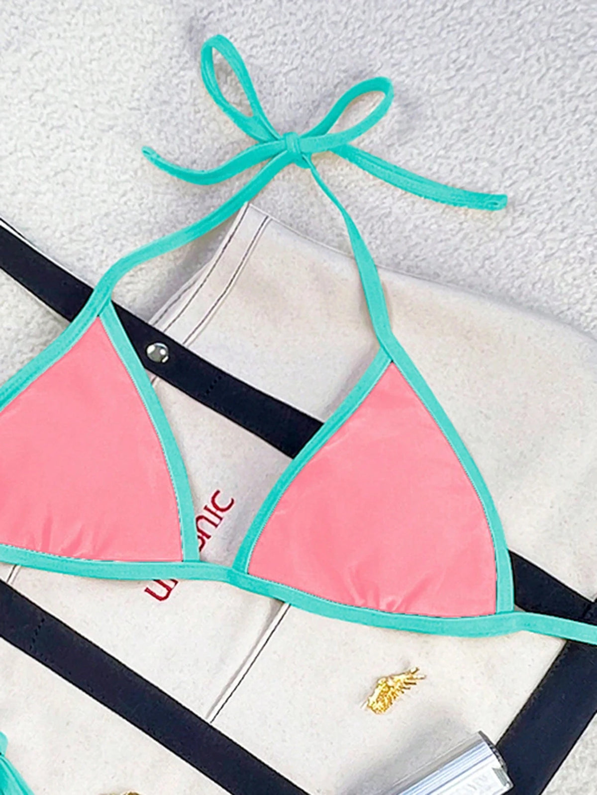 Swim Vcay 2026 Spring/Summer Women's Swimsuit With Spaghetti Straps, Coral Pink & Lake Green Color Block, Sexy Knotted Side Tie Bikini Set