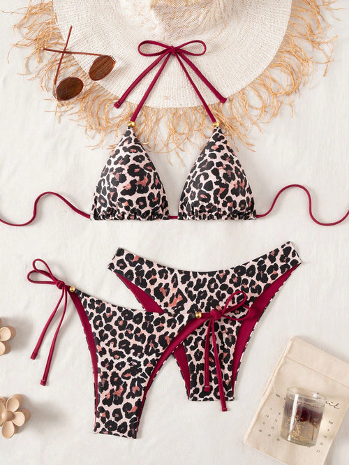 Swim Vcay 3pcs Leopard Print Triangle Bikini Set,Halter Neck Backless Tie Top,Knotted Bottom,Beige Summer Casual Beach Holiday Vacation Holiday Swimwear