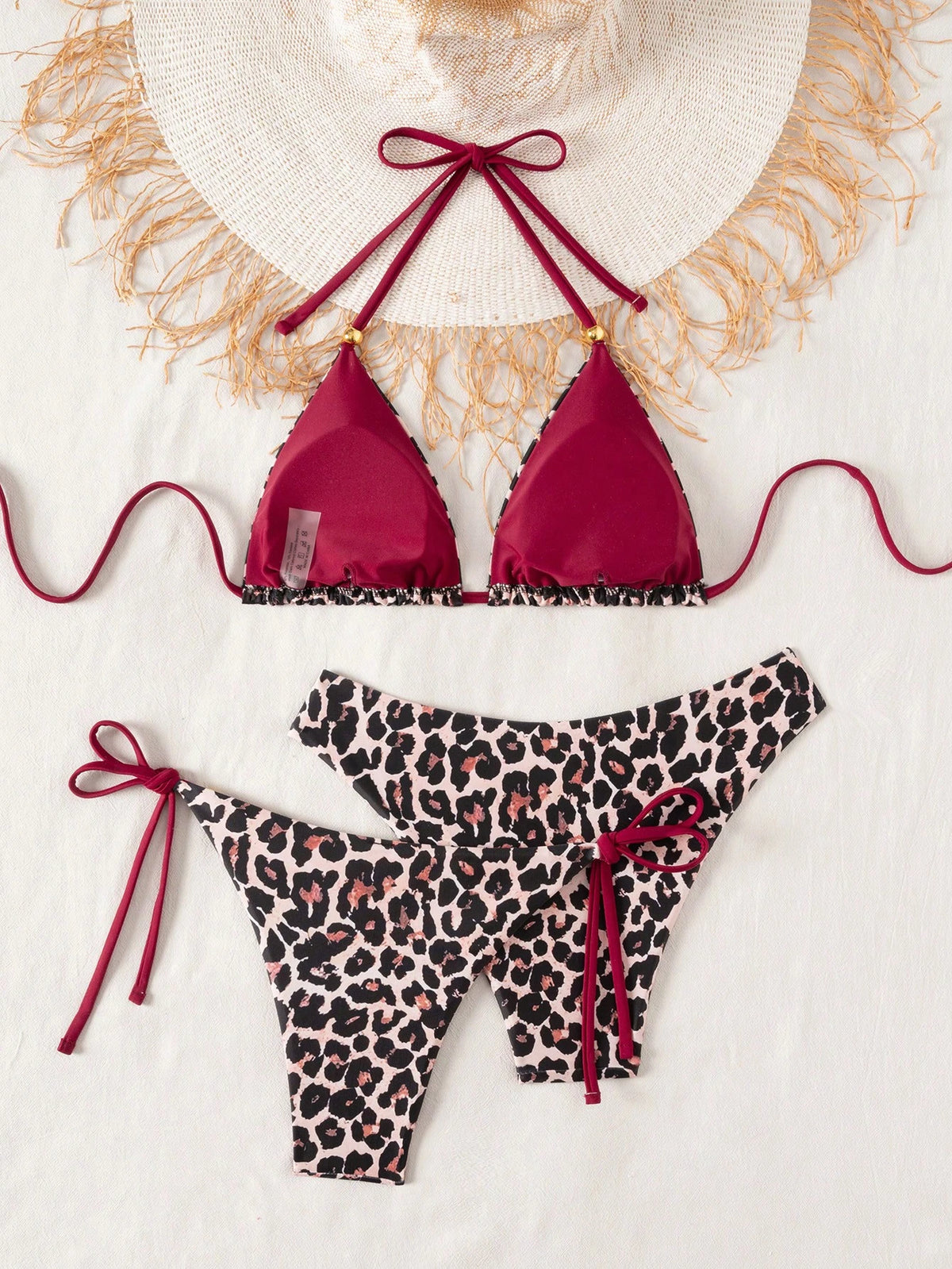 Swim Vcay 3pcs Leopard Print Triangle Bikini Set,Halter Neck Backless Tie Top,Knotted Bottom,Beige Summer Casual Beach Holiday Vacation Holiday Swimwear