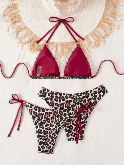 Swim Vcay 3pcs Leopard Print Triangle Bikini Set,Halter Neck Backless Tie Top,Knotted Bottom,Beige Summer Casual Beach Holiday Vacation Holiday Swimwear