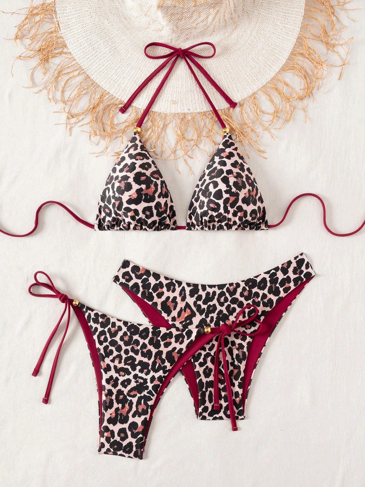 Swim Vcay 3pcs Leopard Print Triangle Bikini Set,Halter Neck Backless Tie Top,Knotted Bottom,Beige Summer Casual Beach Holiday Vacation Holiday Swimwear