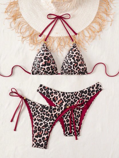 Swim Vcay 3pcs Leopard Print Triangle Bikini Set,Halter Neck Backless Tie Top,Knotted Bottom,Beige Summer Casual Beach Holiday Vacation Holiday Swimwear