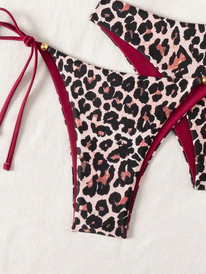 Swim Vcay 3pcs Leopard Print Triangle Bikini Set,Halter Neck Backless Tie Top,Knotted Bottom,Beige Summer Casual Beach Holiday Vacation Holiday Swimwear