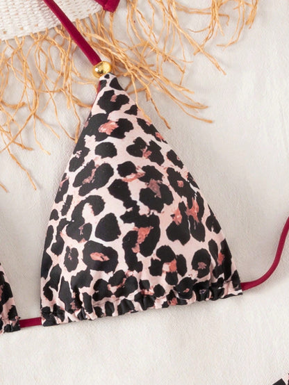 Swim Vcay 3pcs Leopard Print Triangle Bikini Set,Halter Neck Backless Tie Top,Knotted Bottom,Beige Summer Casual Beach Holiday Vacation Holiday Swimwear