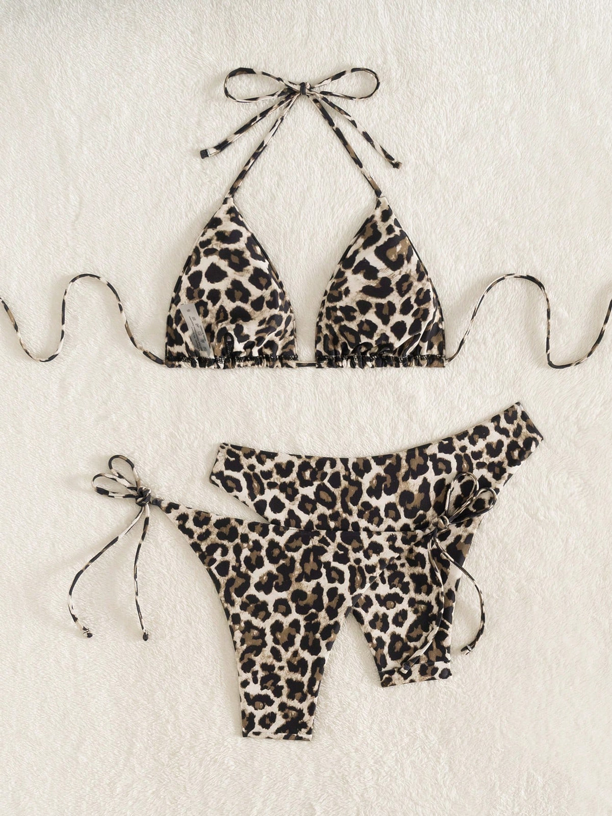 Swim Vcay 3pcs Leopard Print Triangle Bikini Set,Halter Neck Backless Tie Top,Knotted Bottom,Beige Summer Casual Beach Holiday Vacation Holiday Swimwear