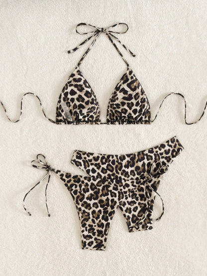 Swim Vcay 3pcs Leopard Print Triangle Bikini Set,Halter Neck Backless Tie Top,Knotted Bottom,Beige Summer Casual Beach Holiday Vacation Holiday Swimwear