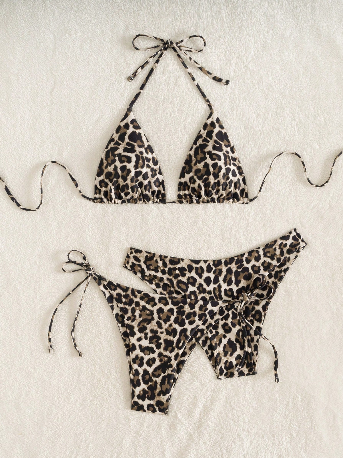 Swim Vcay 3pcs Leopard Print Triangle Bikini Set,Halter Neck Backless Tie Top,Knotted Bottom,Beige Summer Casual Beach Holiday Vacation Holiday Swimwear