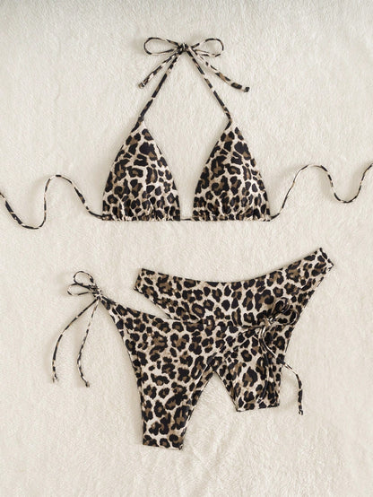 Swim Vcay 3pcs Leopard Print Triangle Bikini Set,Halter Neck Backless Tie Top,Knotted Bottom,Beige Summer Casual Beach Holiday Vacation Holiday Swimwear