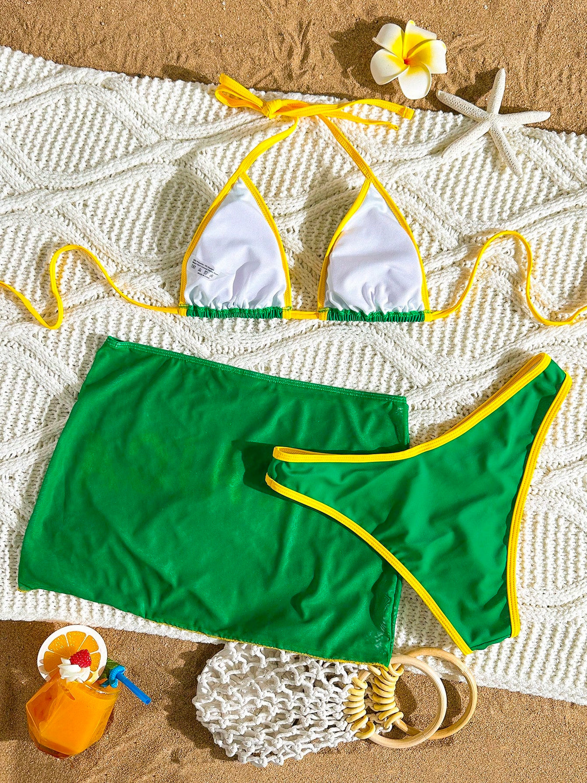 Swim Vcay 3pcs Women's Summer Beach Swimwear Set- Bikini Top, Bottom And Skirt, Yellow-Green, Positioning Jamaica Letter Print, Big Logo, Sexy For Vacation