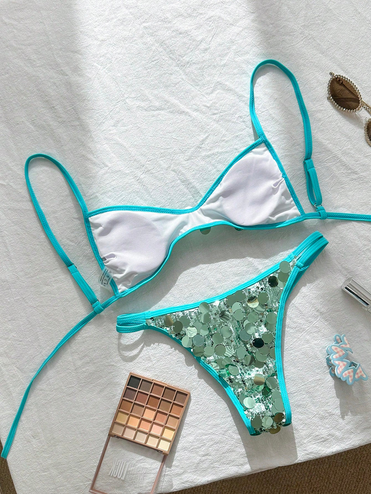 Swim Vcay Champagne Gold Sequin Mini Cup Bikini Top And Tie-Side Bottoms 2 Pieces Swimwear Set, Sexy Beach Vacation Outfit