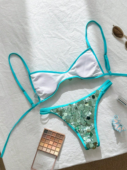Swim Vcay Champagne Gold Sequin Mini Cup Bikini Top And Tie-Side Bottoms 2 Pieces Swimwear Set, Sexy Beach Vacation Outfit