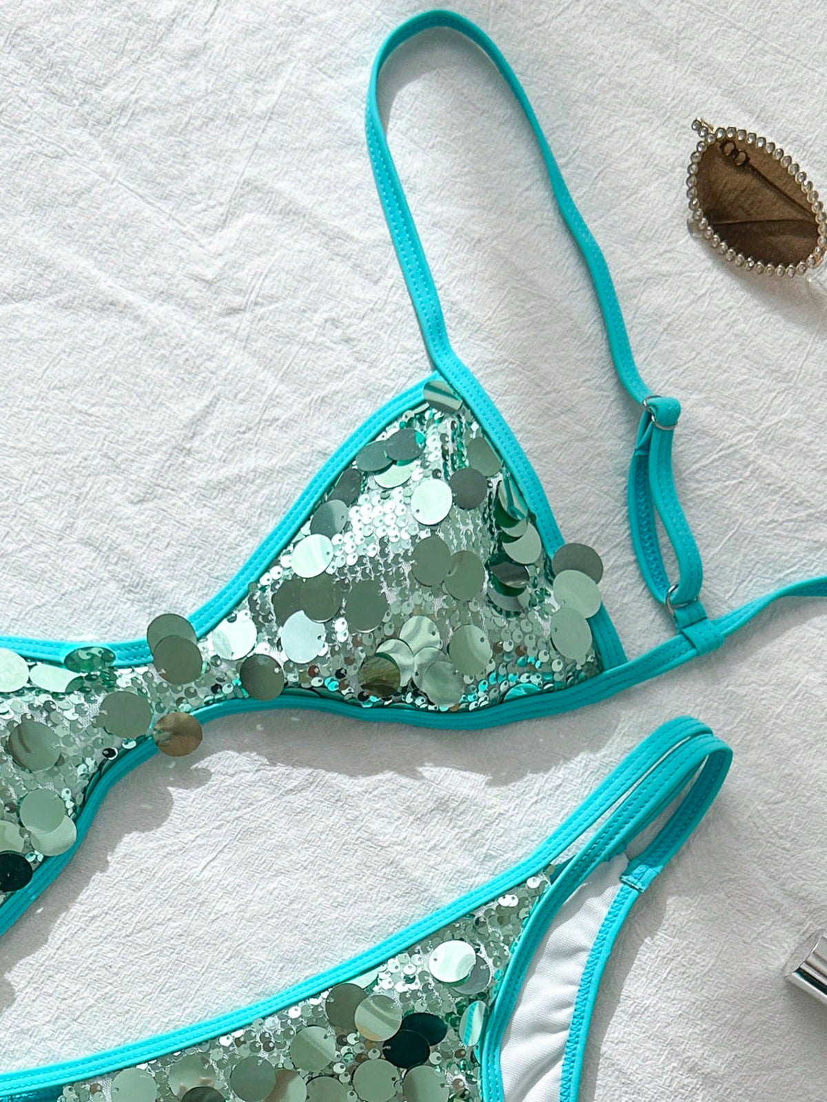Swim Vcay Champagne Gold Sequin Mini Cup Bikini Top And Tie-Side Bottoms 2 Pieces Swimwear Set, Sexy Beach Vacation Outfit