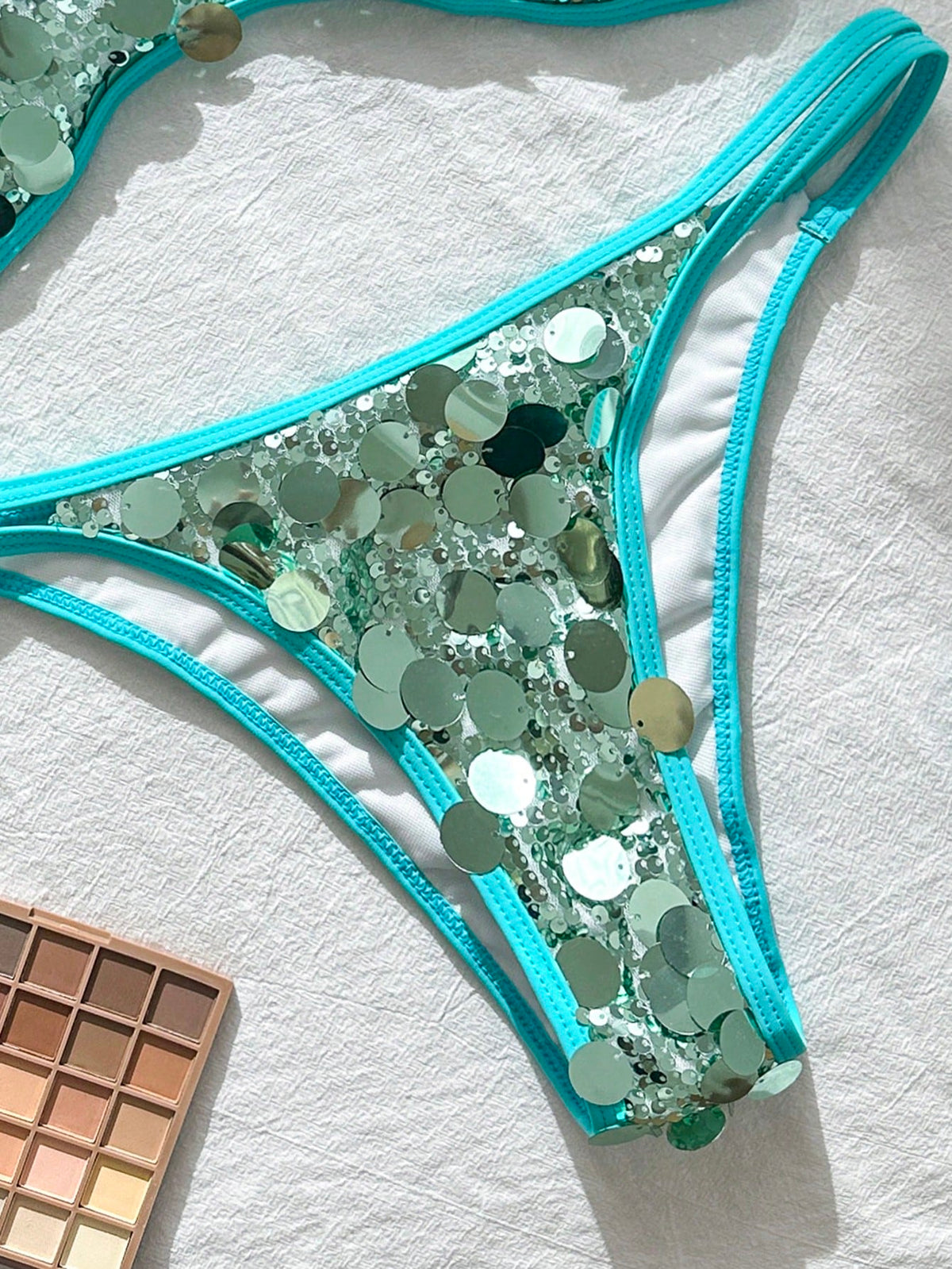 Swim Vcay Champagne Gold Sequin Mini Cup Bikini Top And Tie-Side Bottoms 2 Pieces Swimwear Set, Sexy Beach Vacation Outfit