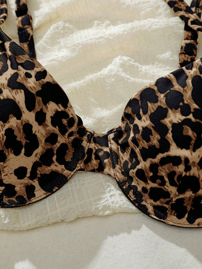 Swim Vcay Leopard Print Bikini Set, Vacation Beach Bikini Set For Summer