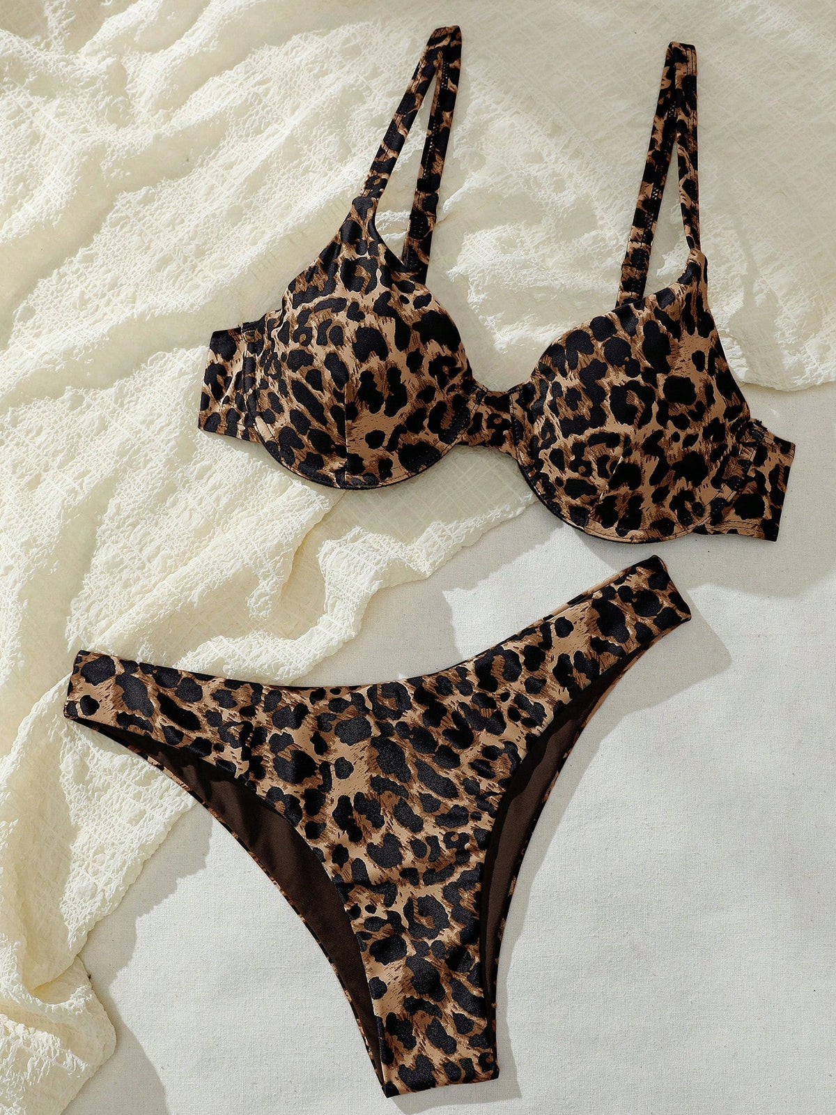 Swim Vcay Leopard Print Bikini Set, Vacation Beach Bikini Set For Summer
