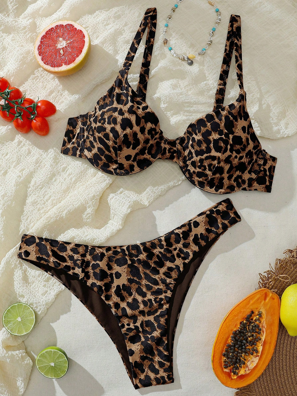 Swim Vcay Leopard Print Bikini Set, Vacation Beach Bikini Set For Summer