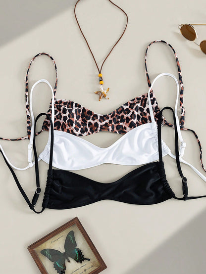 Swim Vcay Multiple Pieces Women Lace-Up Bikini Top Set,Leopard Print,Black And White Polkadot,Summer Casual Beach Holiday Vacation,Cute Bathing Suits