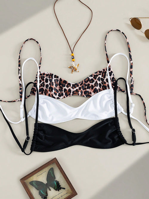 Swim Vcay Multiple Pieces Women Lace-Up Bikini Top Set,Leopard Print,Black And White Polkadot,Summer Casual Beach Holiday Vacation,Cute Bathing Suits